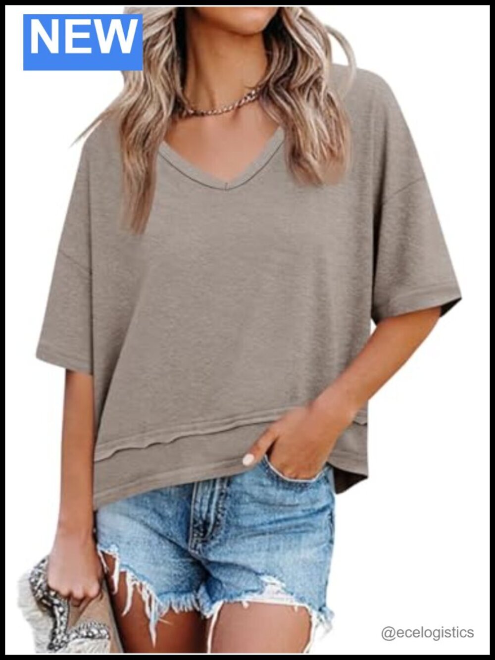 V Neck Loose Fit Oversized Casual Tee Flowy Womens Summer Top Spliced Hem